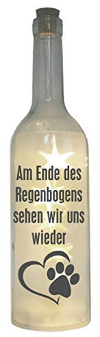 WB wohn trends LED-Flasche mit Motiv, Am Ende des Regenbogens... / Hund Katze, grau, 29cm, Flaschen-Licht Glitzer-Flasche Leuchtflasche Lampe mit Text Spruch Trauer