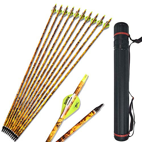 SHARROW 12x Carbonpfeile 30 Zoll Bogenpfeile Jagd Pfeile für Bogen Spine 600 mit Pfeilköcher für Recurvebogen Compound Bogen Camouflage (12 stück+Köcher)