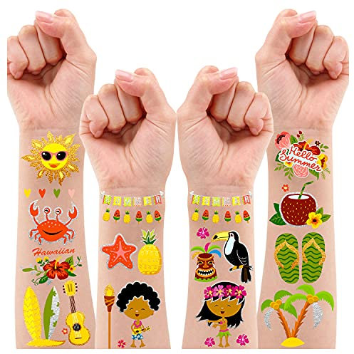 Leesgel Tattoos Kinder Hawaii, 38 Stile Hawaii Glitzer Tattoos Set Kinder, Temporäre Tattoos für Kinder Hawaii Luau Tropical Beach Pool Kindergeburtstag Dekorationen Liefert Gefälligkeiten