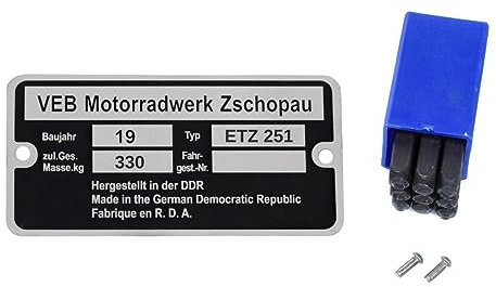 Typenschild für MZ ETZ 251 mit Schlagzahlen und Kerbnägeln
