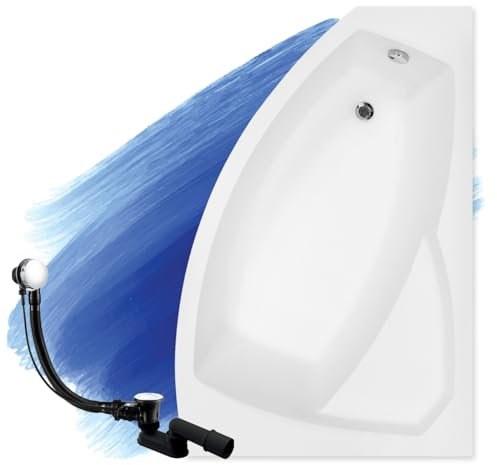 BADLAND Badewanne Original Weiß Acryl Wanne Eckbadewanne RIMA 150x95 Rechts KOMPLETTSET SET + Füßen und Exklusive Chrom Automatik Ablaufgarnitur Made in EU 3in1