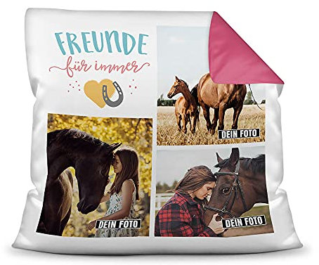 PfotenSchild Pferde Kissen mit Füllung - Fotocollage - Pferdefreunde für Immer - mit DREI Fotos selbst gestalten - Geschenk für Pferdeliebhaber - Farbkissen Rückseite Pink, 40 x 40 cm