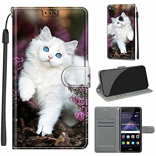 LeviDo Kompatibel für Huawei P8 Lite 2017 Hülle Silikon Lustig Muster Motiv PU Leder Kartenfach Klappbar Magnetisch Flip Hüllen 360 Grad Case Brieftasche Wallet Handyhülle Stoßfest Cover, weiß Katze