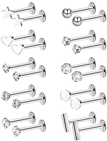 FUYOAL 20 Pieces Stainless Steel Nose Studs, Nose Piercing Jewelry Crystal Ball Silver Labret Tragus Earring Piercing Bars Set Unisex Gift for Women Men