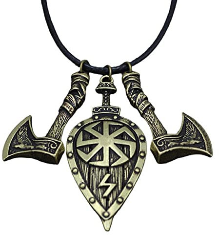 MayiaHey Men's Gold Viking Axe Shield Necklace, Celtic Rune Amulet, Punk Odin Axe Shield Pendant, Gothic Jewelry, 23 Inch Chain