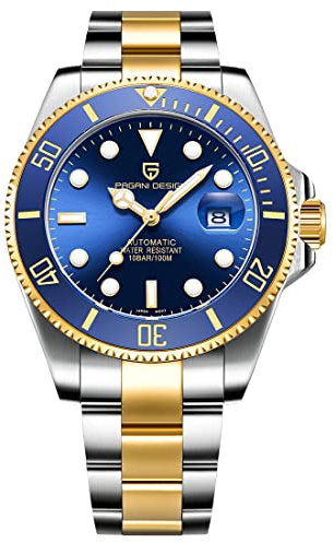 Pagani Design New Men Reloj de Pulsera Mecánico de Lujo Bisel de Cerámica Reloj Automático Reloj de Cristal de Zafiro para Hombres Relogio Masculino... (Azul Dorado PO-1639)