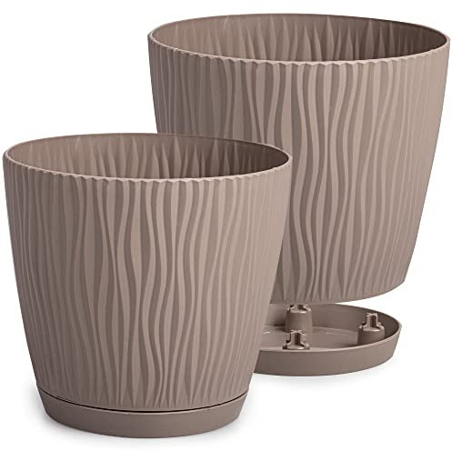 PECZEKO Pots de Fleurs Mats - Pots de Plantes Décoratifs pour Fleurs et Herbes - Pots de Plantes Ronds en Plastique Durables et Légers - Lot de 2 - (Brun, ø 19 cm)