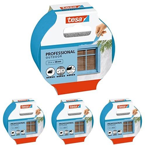 tesa Malerband AUSSEN – Dünnes Abdeckband für extrem präzises Abkleben bei Malerarbeiten im Outdoor-Bereich, UV- und wetterbeständig – 25 m x 38 mm, 4er Pack