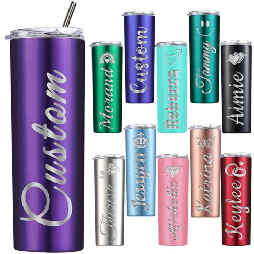 GBVllexuii Personalised Skinny Tumbler with Lids and Straws Names Custom Stainless Steel Tumblers Women Men Kids Laser Engraved Insulated Gift 20oz Dark Purple