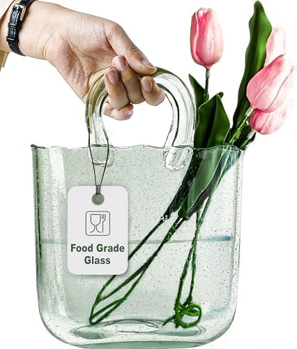 OLEEK Geldbörsenvase für Blumen (handgefertigt) grüne Glasbeutelvase – 25.4 cm – klare, dekorativ – breite Öffnung, Blasenvase für Dekoration