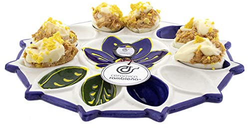 CERÁMICA RAMBLEÑA | Huevera | Plato para huevos rellenos | Bandeja cerámica | Huevos rellenos | Huevos plato | Plato huevos modelo - M04 | Decoración 100% hecho a mano | 26x26x2.5 cm