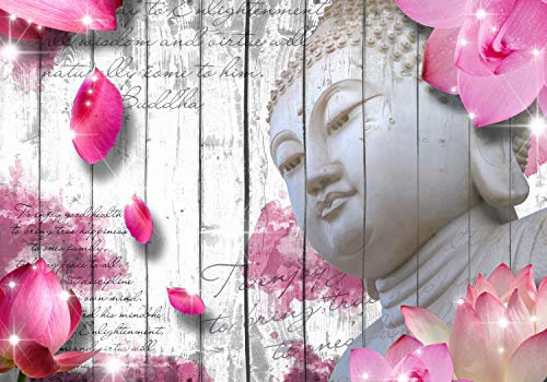 wandmotiv24 Fototapete Holz Blüten Buddha Rosa, 300 x 210 cm - selbstklebende Strukturtapete, Wanddeko, Wandbild, Wandtapete, Zaun, Blumen, Schrift M1593