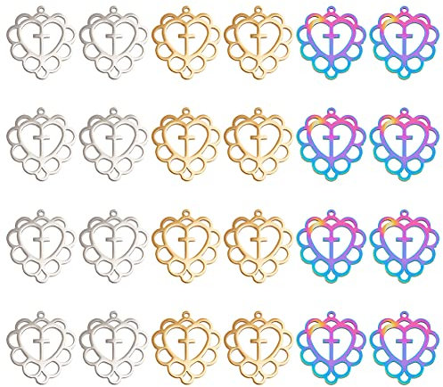 DICOSMETIC 24 Stück 3 Farben Herz Kreuz Anhänger Edelstahl Liebesherz Mit Kreuz Anhänger Gold Und Regenbogen Hohl Hope Charme Für DIY Basteln Schmuck Dekoration, Bohrung: 1.4mm
