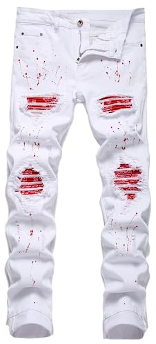OIIIO Men's Patch Ripped Stretch Regular Fit Jean, 6624-white, 38