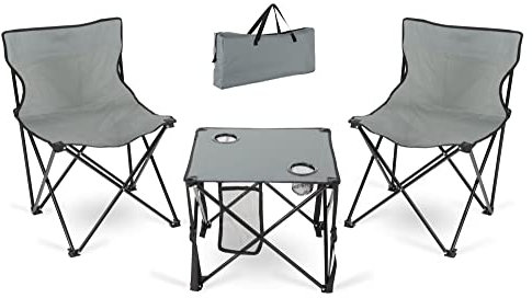Stagecaptain CS-4547 Campingtisch mit Stühlen - 2 Faltbare Campingstühle - Tisch Camping klappbar mit Getränkehalter - Inkl. Tragetasche - Ideal für Festivals, Angeln und Camping - Grau