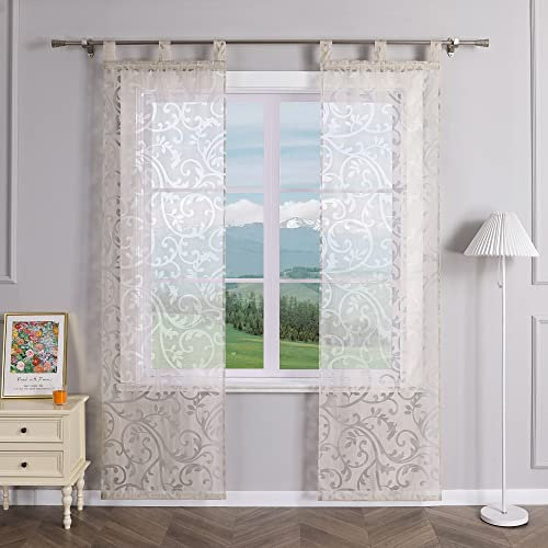 Delien 2er Set Schiebevorhänge Ausbrenner mit Ranken Muster Transparente Gardinen Modern Schiebe Flächenvorhänge Wohnzimmer Vorhang Fenster Gardinen Schals mit Schlaufen BxH 57x145cm,Sand
