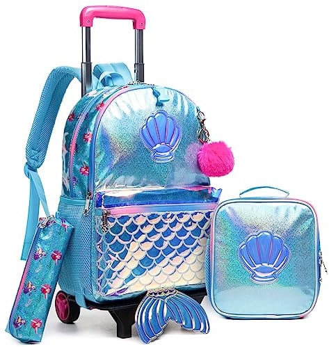 HTgroce Trolley Rucksack mit Rollen, Federmäppchen, Lunch Tasche 3 in 1 Pailletten Rolling Schulranzen für Mädchen, Schultaschen-Sets Ideal für Kinder Schüler der Klassen 2-6