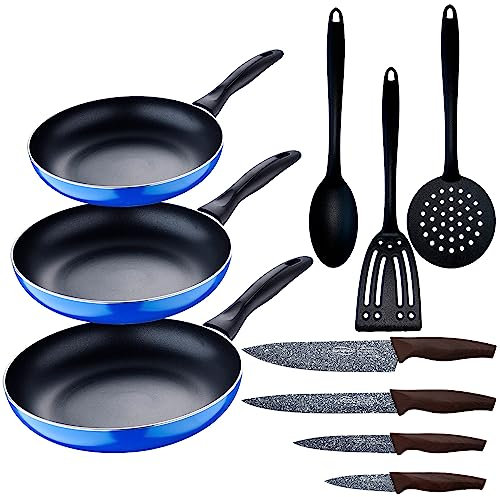 San Ignacio Set 3pc sarten (16+20+24cm) aluminio prensado, inducción, azul Navy Paradise con Set 3pcs utensilios de cocina con Set 4pc cuchillos acero inoxidable