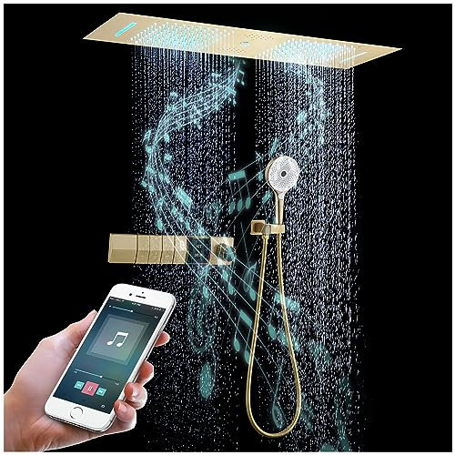 Colonne De Douche Thermostatique Musique, 300x900mm LED 64 Couleurs 4 Fonctions SystèMe De Douche EncastréE, Acier Inoxydable 304, Pluie, Cascade, Colonne D'Eau, Douchette 3 Fonctions(Or Brossé)