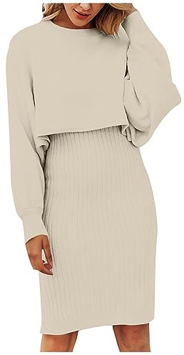 AMhomely Women's 2023 Spring Autumn 2 Piece Tracksuit Winter Long Sleeve Turtleneck Ribbed Top And Midi Skirt Dress Sets Jumper Dress Solid Color Outfits