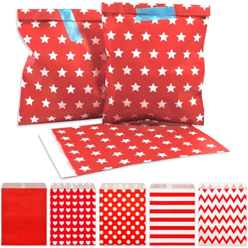 Frau WUNDERVoll® 50 PAPIERTÜTEN ROT, STERNE 13 x 16,5 cm, 45 Gramm Papier, flach/Candy Bar, Hochzeit, Kindergeburtstag, Papiertütchen, Candybag, Tüten, Mitgebseltüten