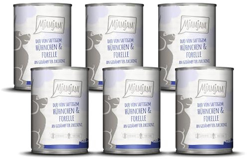 MjAMjAM - Premium Nassfutter für Hunde - DUO von saftigem Hühnchen & Forelle an gedämpfter Zucchini, 6er Pack (6 x 400g), getreidefrei mit extra viel Fleisch