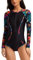 ECUPPER Womens Long Sleeve One Piece Rash Guards Zipper Swimsuit Printed Wetsuit Athletic Surf Swimwear Built in Bra Black-1 XL
