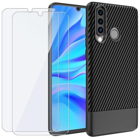 Garegce Coque pour Huawei P30 Lite avec 2X Verre Trempé Protection écran, Etui Noir TPU Texture Fibre de Carbone, Housse Souple Antichoc Ultra Mince, Anti Rayures Silicone Case -Noir- 6,15 Pouces