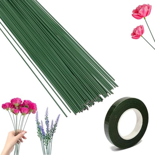 DHWEKU Steli per Fiori, Gambo Floreale Filo, 50 Pezzi Filo Per Fiori di Colore Verde, Stelo Filo Floreale, Filo Floreale di Alta Qualità, Gambi Floreali in Filo Metallico, Verde Scuro Stelo Filo