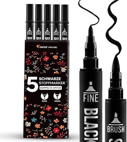 Zenacolor 5 Pennarelli per Tessuti Neri a Doppia Punta Permanenti per Abbigliamento - Colori per Tessuti per Personalizzare Magliette, Borse, Cappelli, Tele e Tessuti