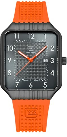 GLOCK Herren Quarz Uhr | 48x38mm Gehäuse | Armbanduhr mit Schwarzem Edelstahlgehäuse | Grauem Zifferblatt | Orangenem Silikonarmband | 5ATM | GW-2-1-24