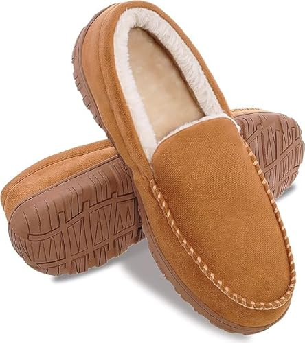 MIXIN Moccasins for Men House Slippers Indoor Outdoor Plush Mens Bedroom Shoes with Hard Sole Beige Size 12