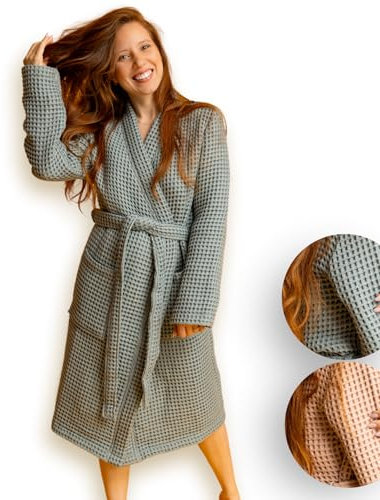 BLUMIS® Bademantel Damen – moderner Morgenmantel, Waffelpique Muster, OEKO-TEX Baumwolle, Sauna geeignet, Kimono Schnitt - Grau