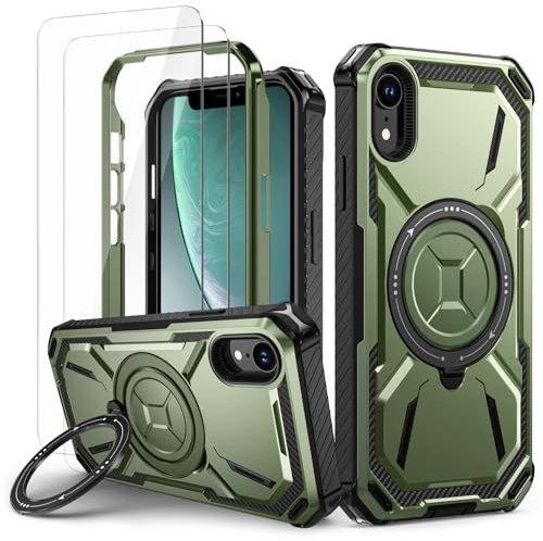 Lanhiem für iPhone XR Hülle mit 2 Stück Schutzfolie, 360° Ring Ständer Schutzhülle, Militärischer Stoßfest Handyhülle für iPhone XR Case, Grün