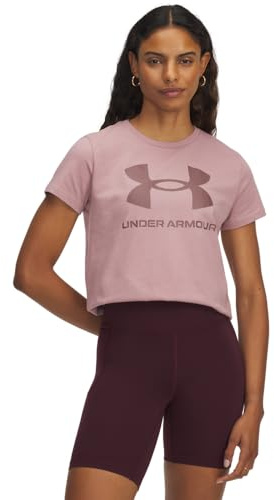 Under Armour Damen Logo Kurzarmshirt, leichtes Sportshirt, schnelltrocknendes T-Shirt aus Baumwollmix,Tourmaline Pink / / Maroon Mist,XXL