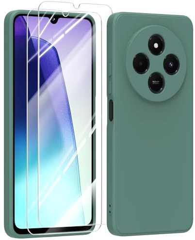 MIKULLE Hülle für Xiaomi Redmi 14C 4G / Redmi A4 5G HandyHülle + 2 Stück Schutzfolie,Dünn Weiche Liquid Silikon TPU Stoßfeste Schutzhülle mit Microfiber Case - Dunkelgrün