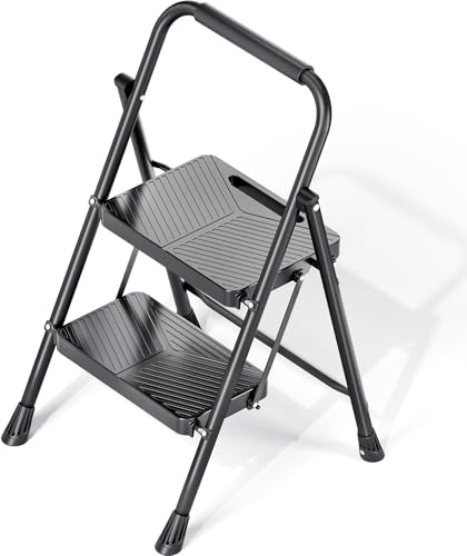 KINGRACK Folding 2 Step Ladder, Portable Ladder for Multi-Purpose, Home, Kitchen, Heavy Sturdy Steel Step Stool with Anti-Slip Wide Pedals, Handrail, Safe-Lock Design, Pass 800lbs Load Testing, Black