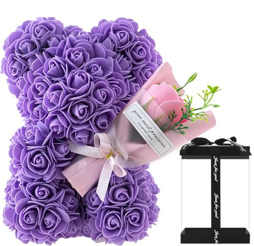 GDJIAYIYI Rose Teddy Bear,Rose flower Bear,Artificial Flower Bear, Bear Flower,Birthday Gift, for Women,Ladies,Girlfriends,Girls, Moms, Grandmothers, Fathers (Purple)