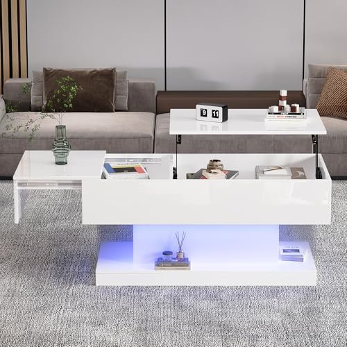 BTM Table Basse de Salon avec Plateau Relevable, Blanche Brillante avec LED, Rangements Compartiment Caché, Coulissante Latérale, Charge 30kg, 100 x50x45cm