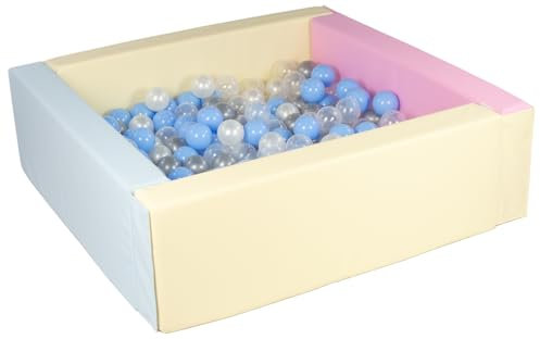 Velinda Piscine à balles carrée avec 200 balles, Cuir écologique, 5 éléments (Couleur de la Piscine/de balles: Rose, Bleu, Jaune (Pastel)/Perle, Transparent, Bleu Clair, Argent)