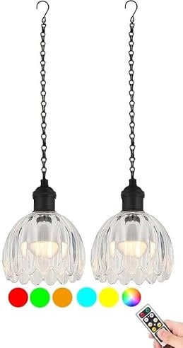 Battery Operated Pendant lights with Remote Set of 2,Outdoor Rechargeable Battery Powered Chandelier Waterproof,Mini Glass Green Tulip RGB Color Hanging Light Fixture for Gazebo Pergola Porch Patio(Wh