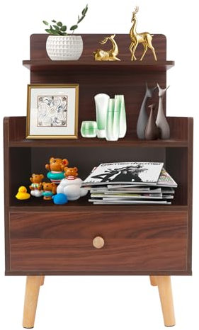 Susoso Mesita de noche, mesa auxiliar, cajón, mesita de noche con mango redondo, capacidad de carga total de más de 15 kg, para libros, 40 x 34 x 70 cm, color nogal