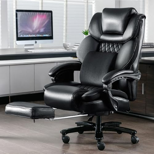 Schwerlast-Bürostuhl Schwarz, 230 kg Tragkraft, mit Massagefunktion, Ergonomischer Großraum-Bürostuhl, Verstellbare Rückenlehne, mit Fußpedal und Hüftpolster, Leder-Drehstuhl
