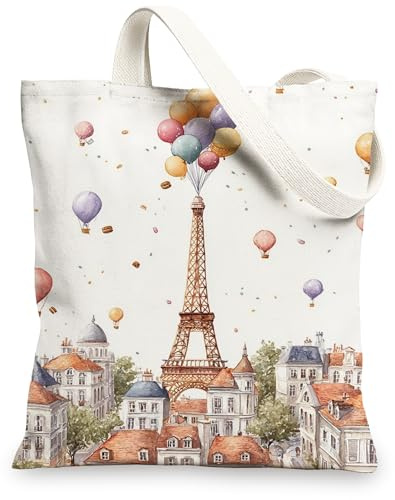 Artistic Canvas-Tragetaschen, Paris-Turm-Ballon-Muster, wiederverwendbare Einkaufstaschen, leicht, waschbar, Schultergurt, Segeltuch