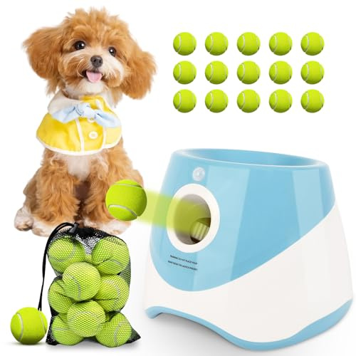 OLenyer Automatic Ball Launcher for Dogs: 2 Mini Tennis Ball Thrower with 3 Distance Settings,Interactive Puppy Pet Ball Indoor Thrower Fetch Machine for Small to Medium Dogs,Blue