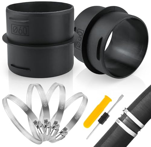 ADNEWX Ducting Joiner Verbinder Rohr - 60mm Rohrverbinder 2 Stk | mit 4 Edelstahl Schlauchschellen für Rundkanal Rohrverbindungen Kunststoff Standheizung Zubehör