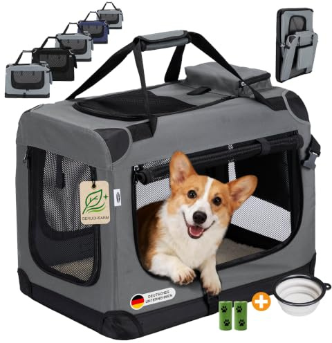 Zedelmaier Hundebox Auto, faltbar, geruchsarm, 60 x 42 x 44 cm, Dunkelgrau | Große Netzfenster, Seitentaschen, Napf, Kotbeutel; faltbare Hundetransportbox für Hund/Katze, Rückbank, Zuhause und unterwegs