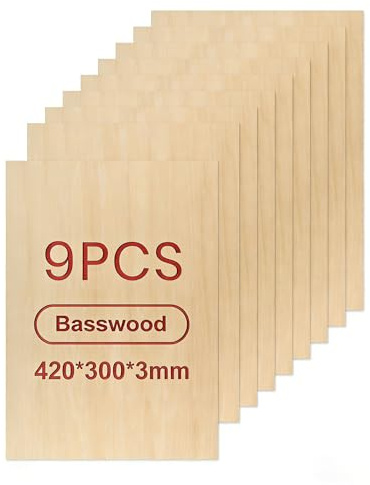 Compensato 3mm in legno di tiglio, 9 fogli 420x300mm per DIY e modellismo | Fogli in legno lisci per incisione laser, taglio CNC e manuale, pittura e progetti creativi DIY per bambini