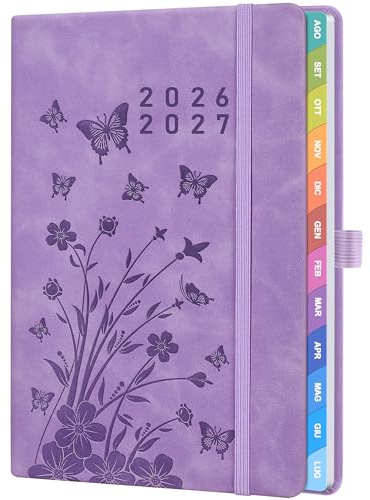 Agenda Scolastica 2026–2027 (Agosto 2026 – Luglio 2027) – Agenda Settimanale Verticale con Penna, Segnalibro e Tasca Interna, Linguette Mensili, Formato 22,5 × 16,5 cm – Lavanda