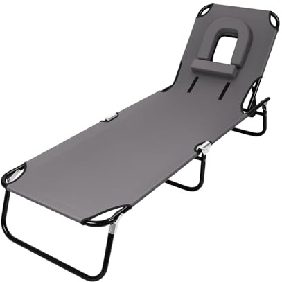 Roadoor Sonnenliege Klappbar mit Gesichtsöffnung, Feldbett Erwachsene, Gartenliege 4-Fach Verstellbar, Relaxliege mit Kissen, Strandliege für Bauchlage, Camping, Outdoor, Pool, Balkon (Greu)